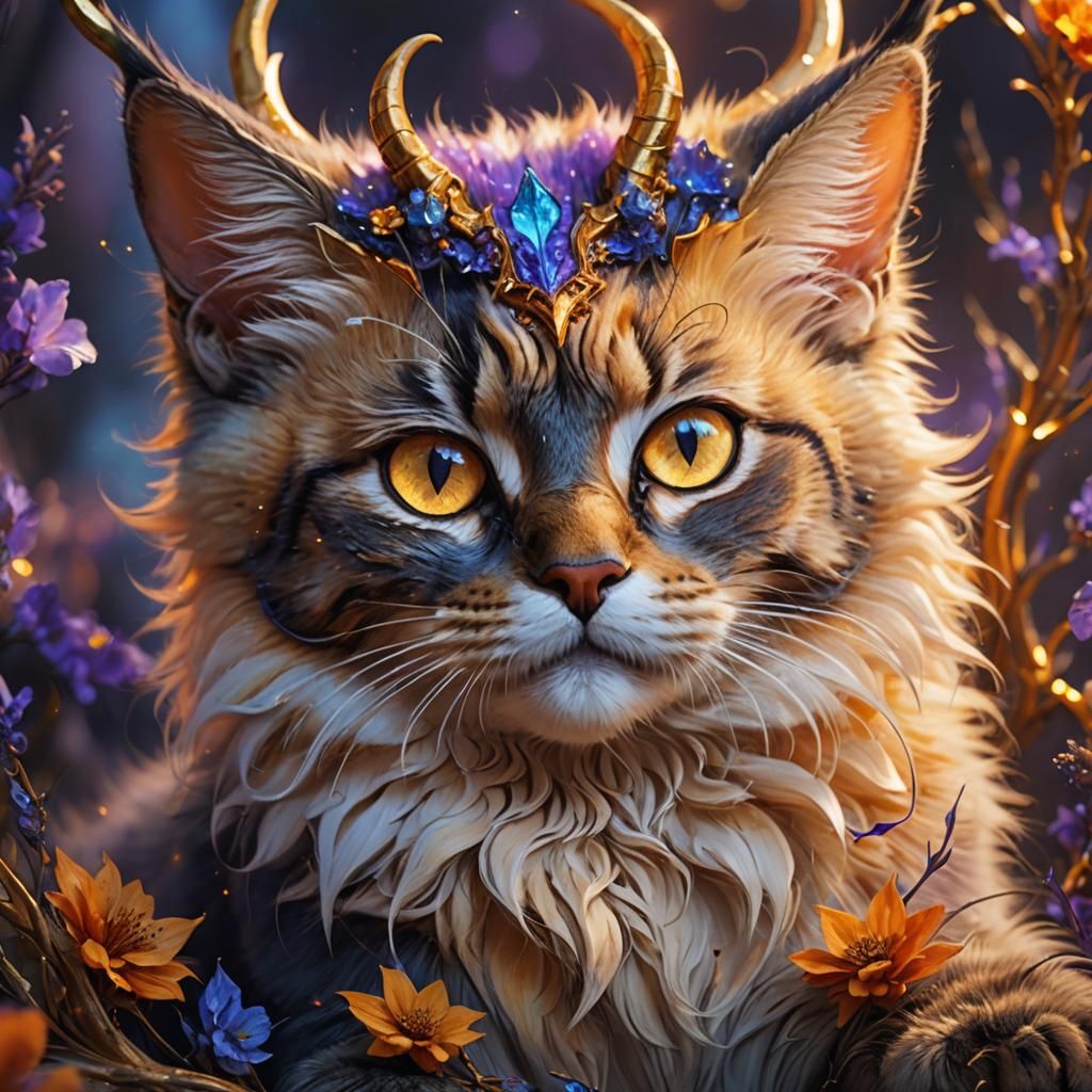 Horned Kitten Plays in Vibrant Fantasy Art