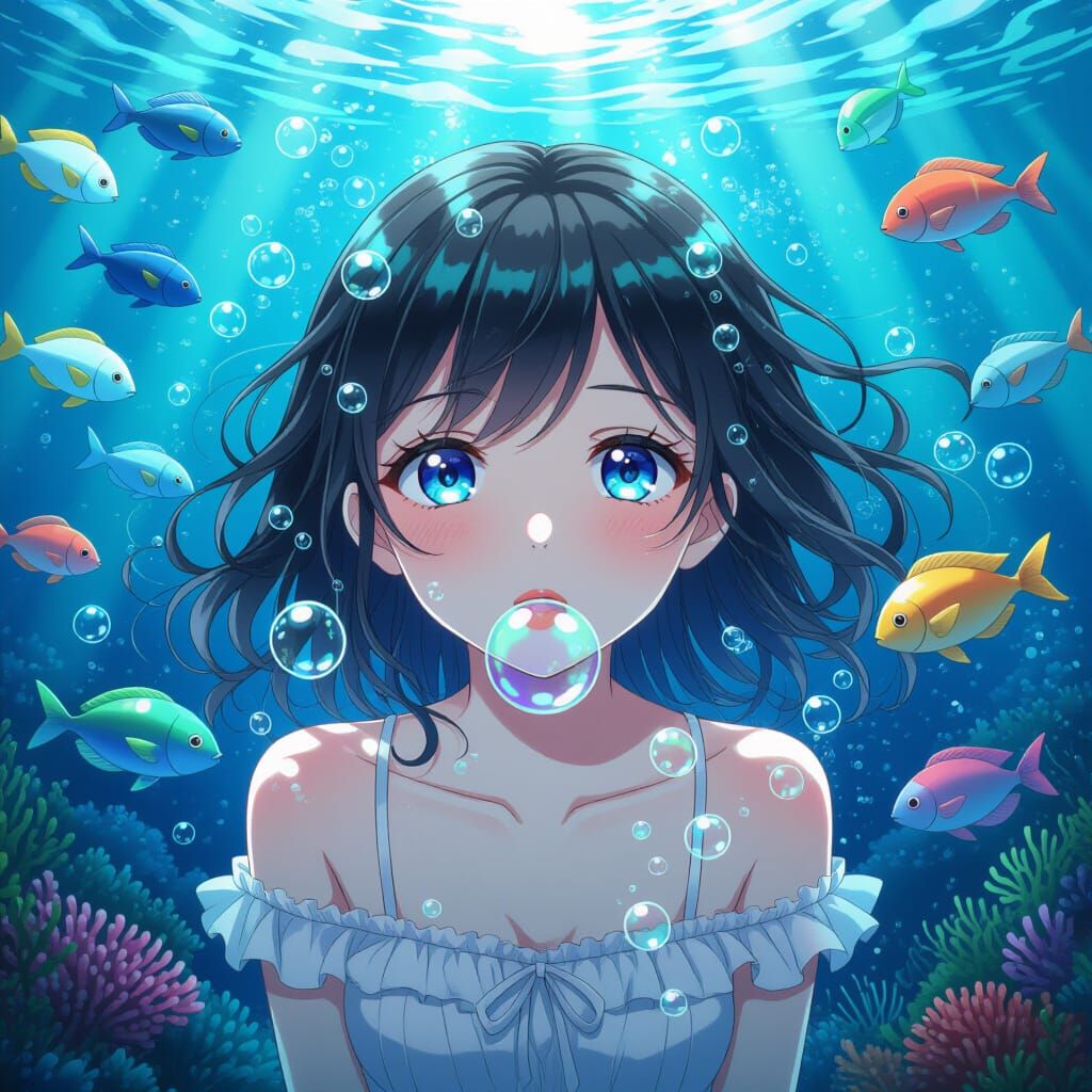 Ethereal Girl in Deep Ocean, Vibrant Anime Style