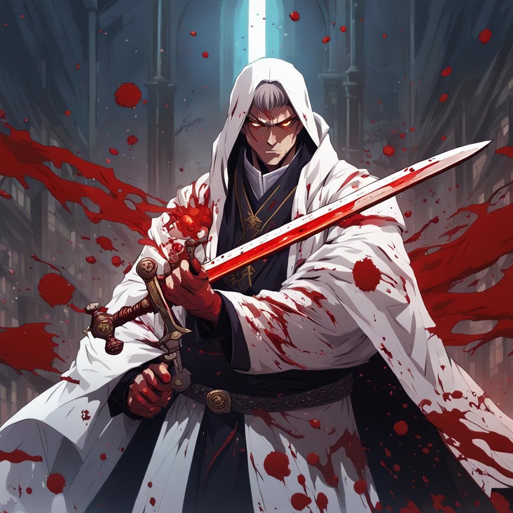 Anime Priest with Bloody Sword, Cel-Shaded Style