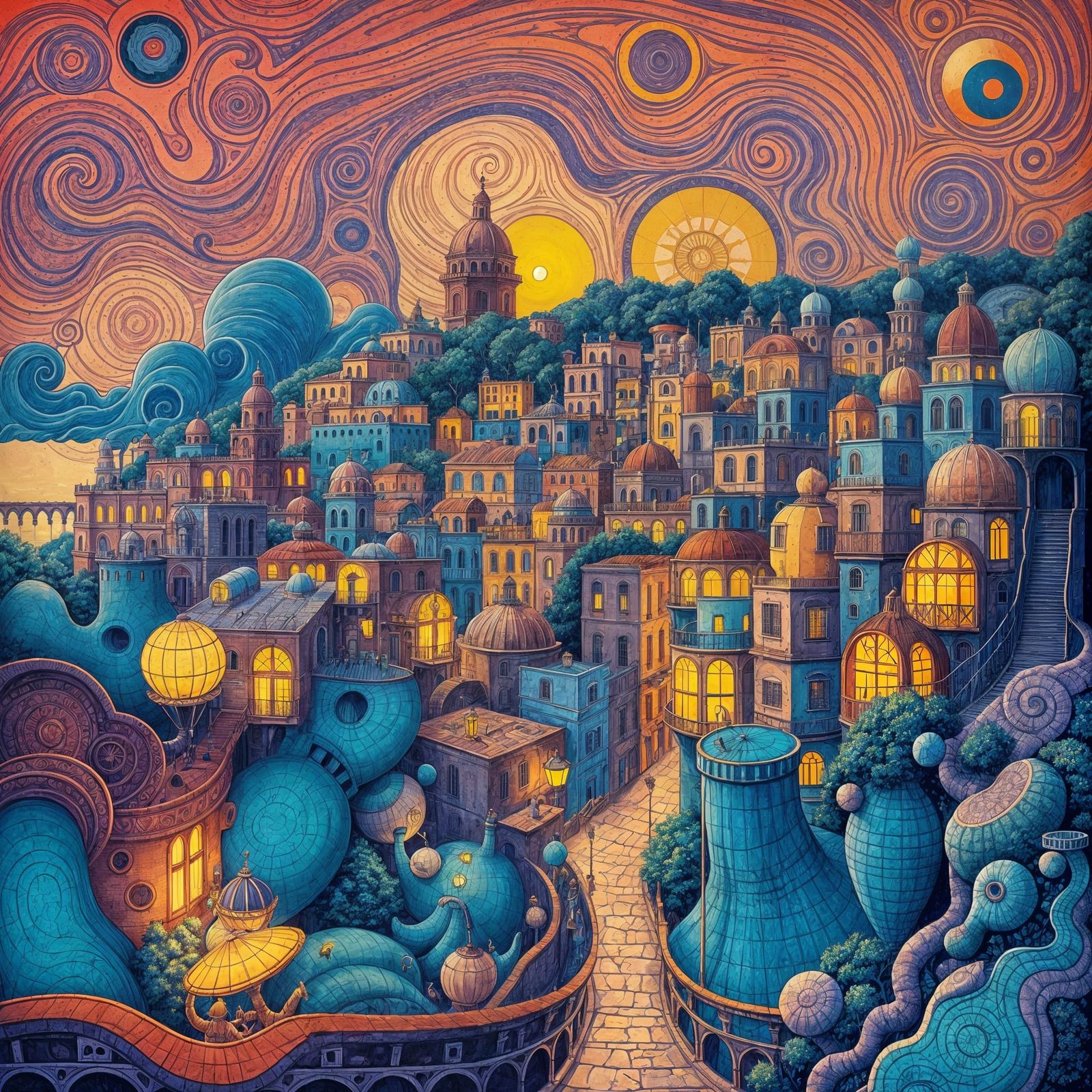 Surrealistic Naples Cityscape in Moebius-Style at Dawn