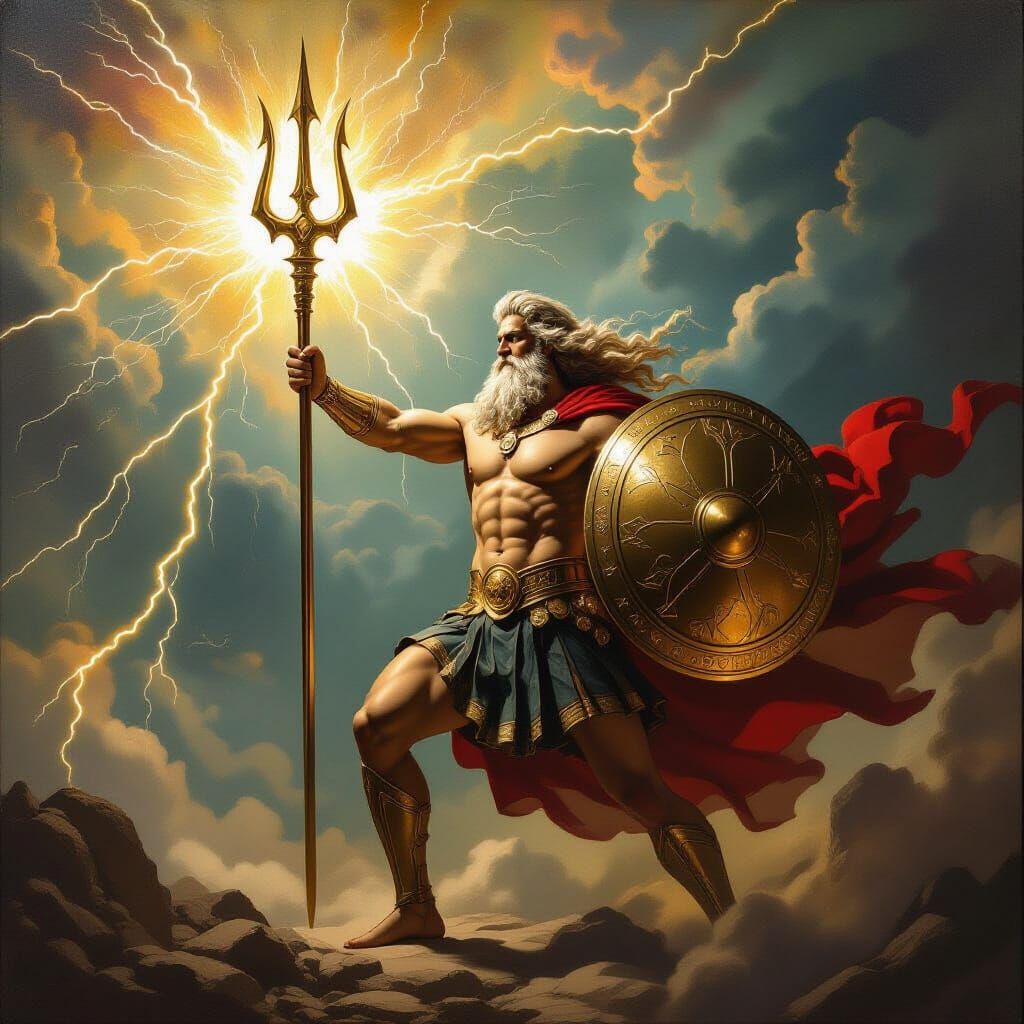 Zeus King of Gods Wielding Trident and Lightning