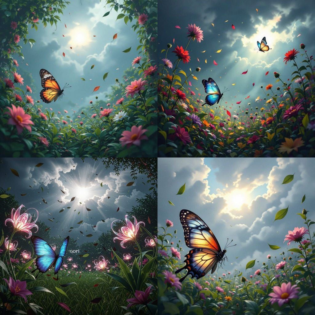 Butterfly Ascends Through Stormy Garden Towards Light