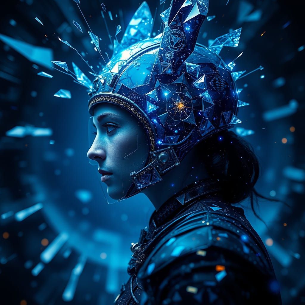 Surreal Warrior Emerges from Sapphire Shards in a Rabbit Hol...