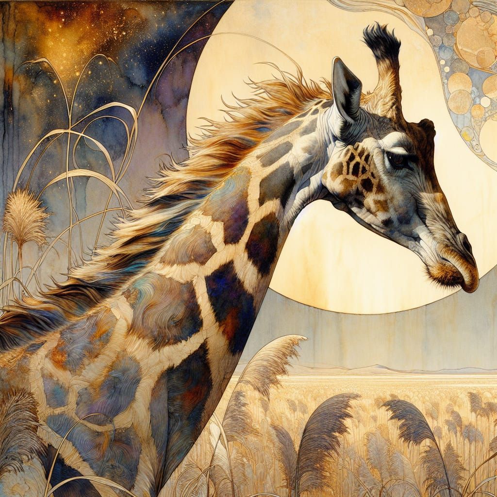 Giraffe in Serengeti: An Art Nouveau Painting