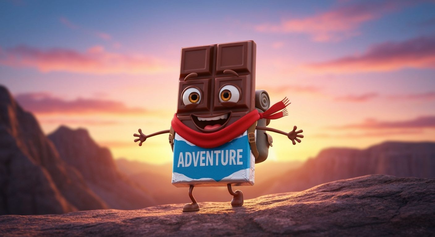 Anthropomorphic Chocolate Bar Embarks on Adventure