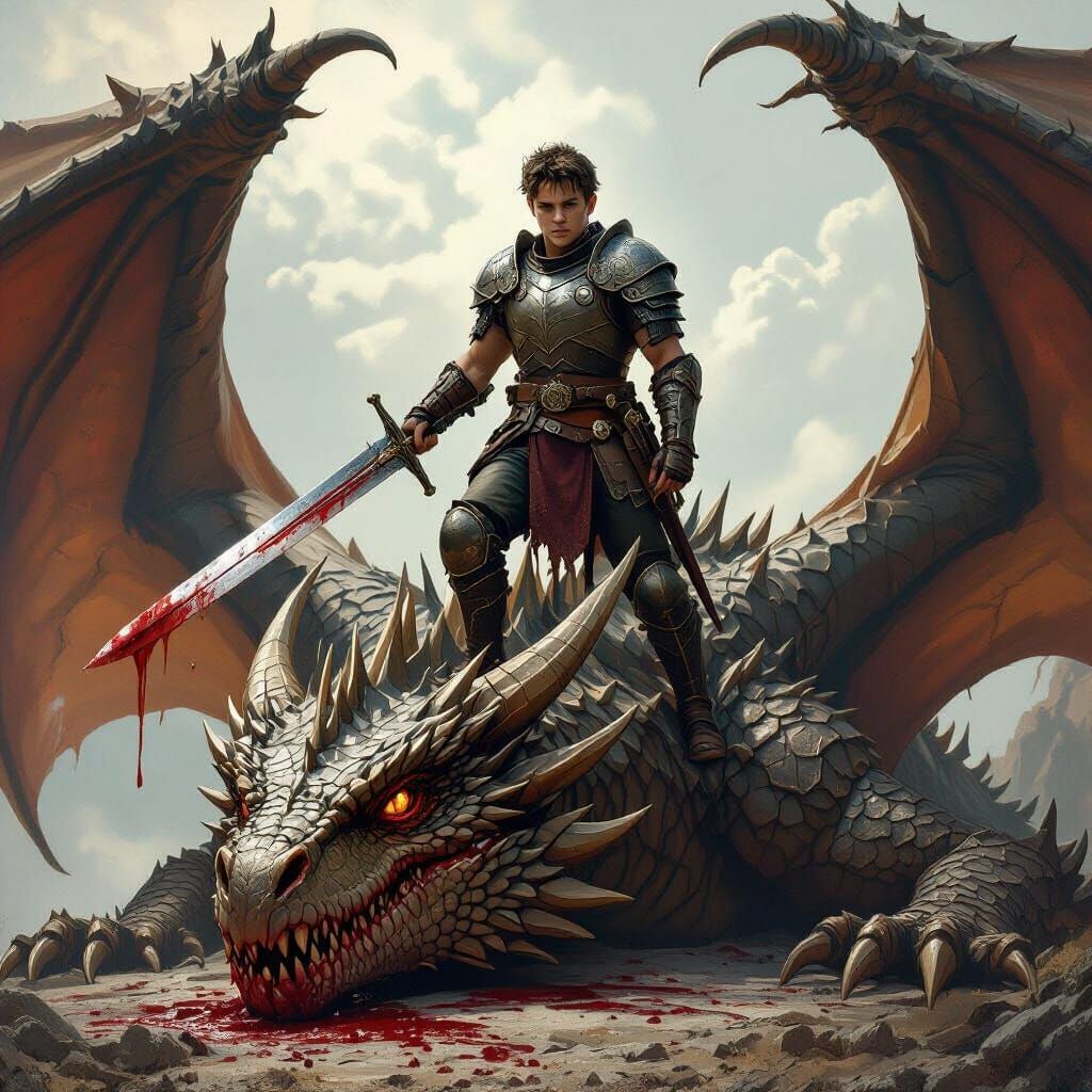 Victorious Dragon Slayer in Fantasy Art Style