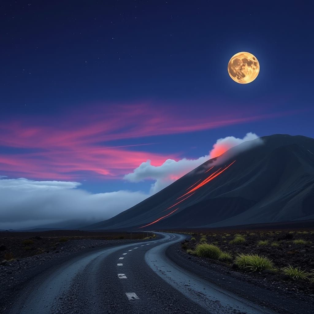 Magical Road to Active Volcano Under Blood Moon