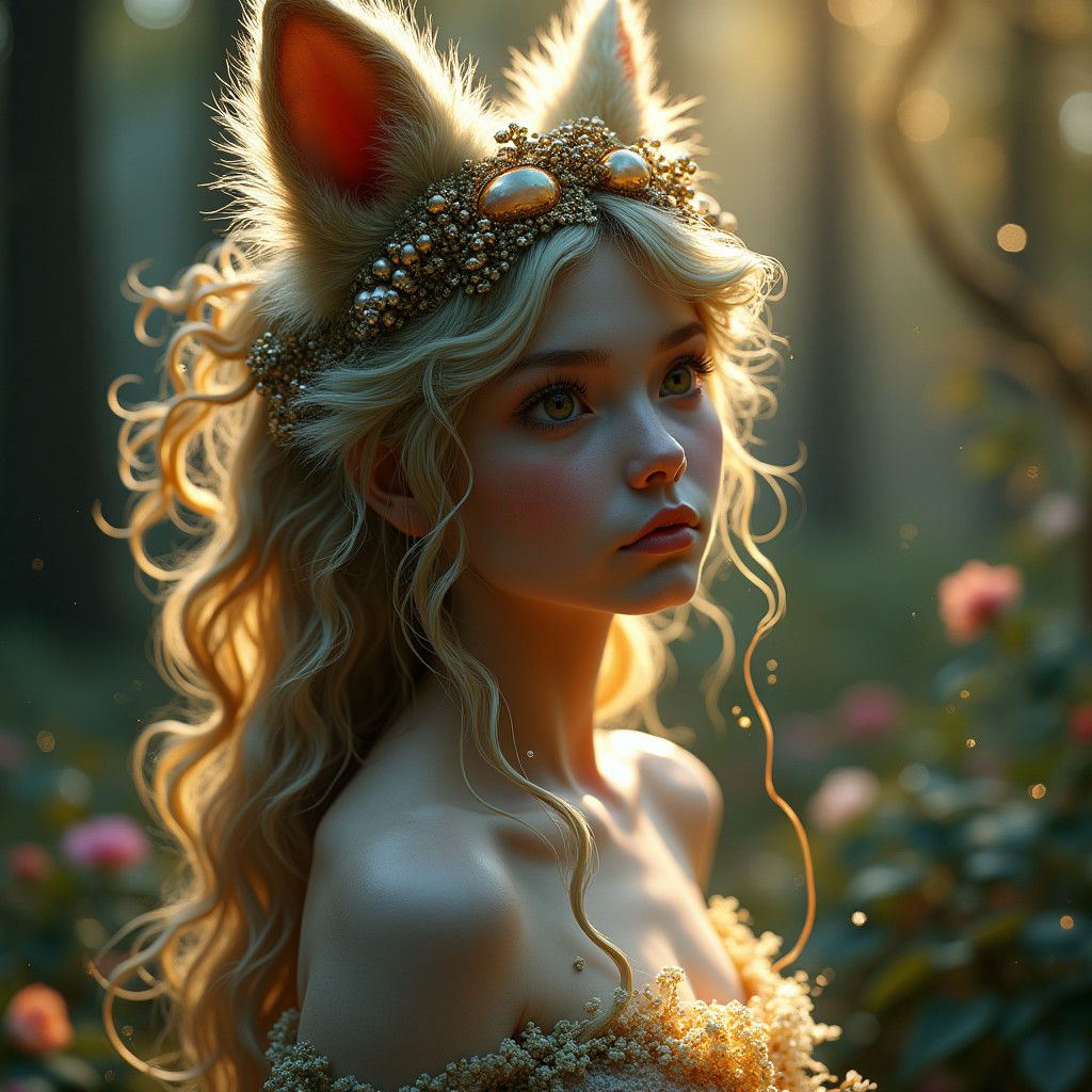 Ethereal Woman with Fox Headdress in Enchanted Forest