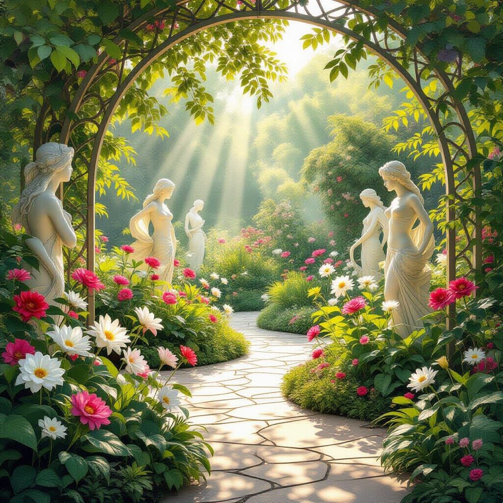 Art Nouveau Garden with Ethereal Flowers and Sculptures