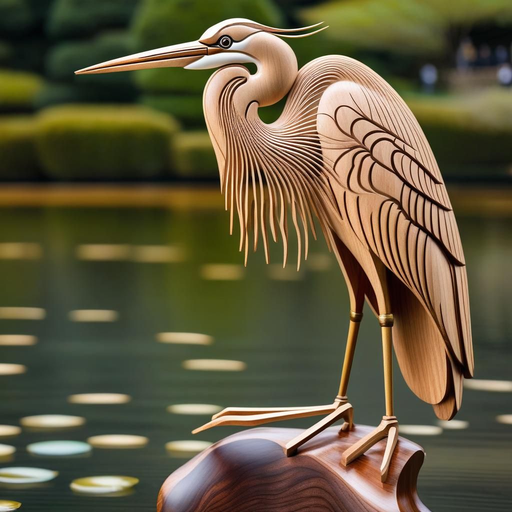Elegant Wooden Heron Statue in Japanese Style