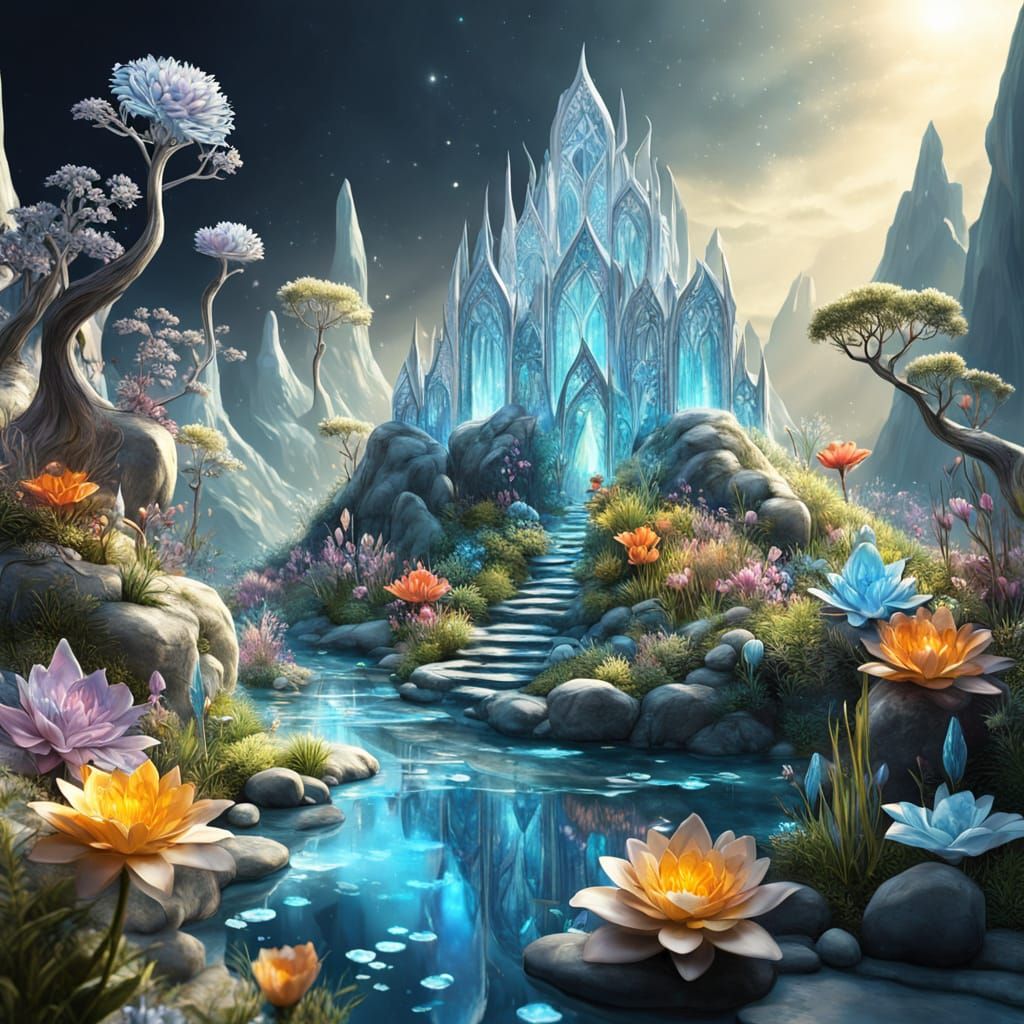 Elven Landscape with Crystalline Spires in Digital Art
