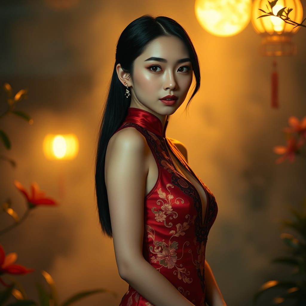 Elegant Chinese Beauty in Moonlit Garden
