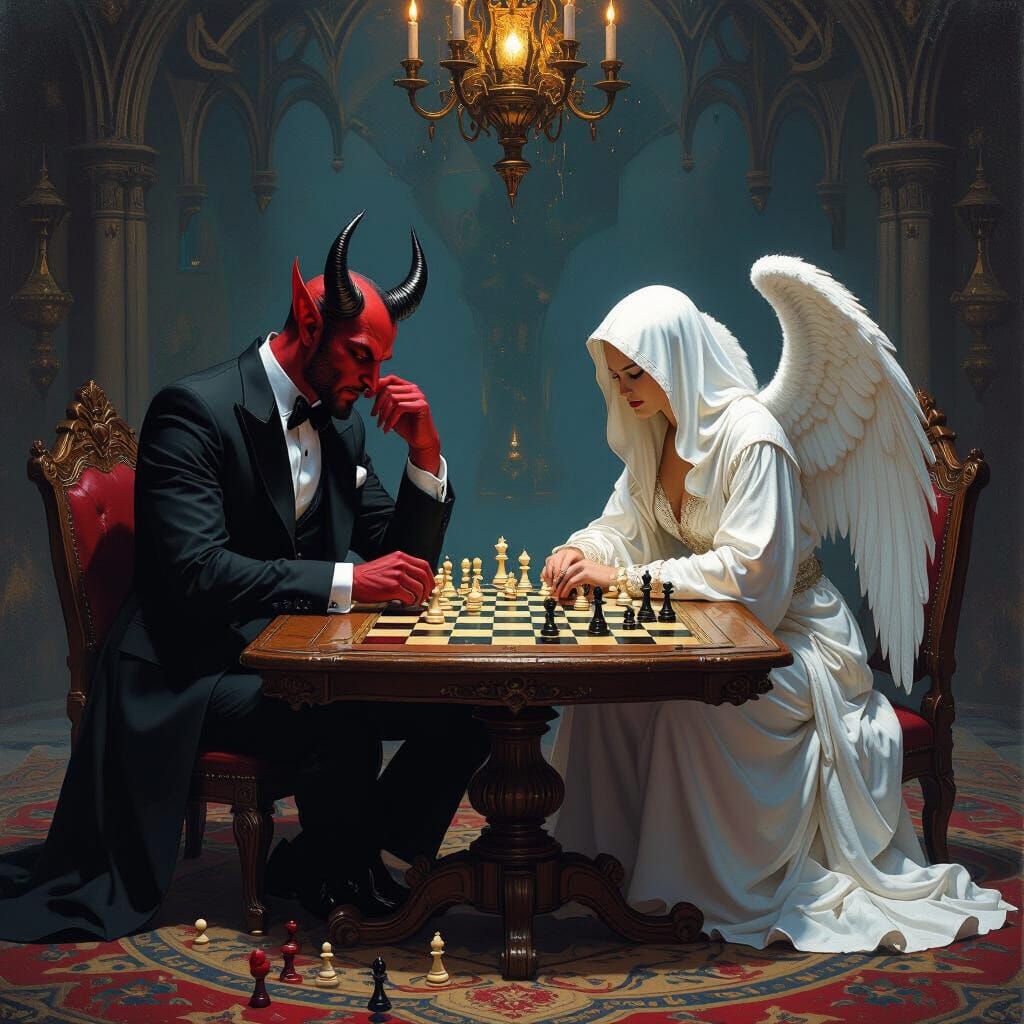 Devil and Angel Play Chess in Mystical Realm