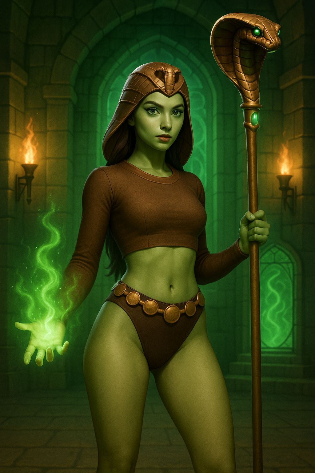 Snake Sorceress in Torch Lit Castle