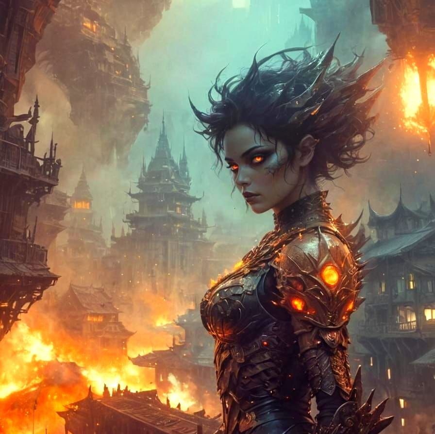 Demon Queen of the Underworld in Futuristic Cityscape