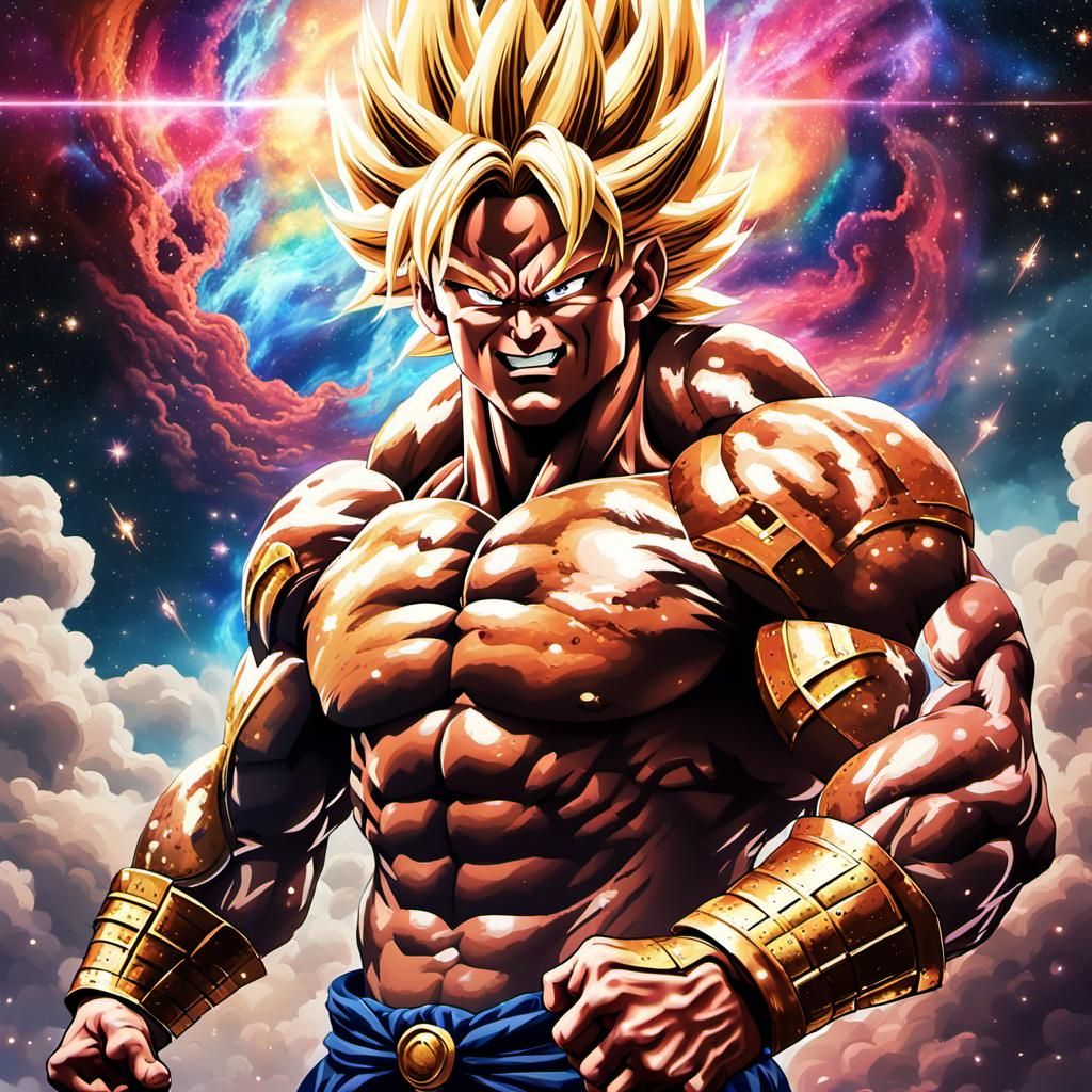 Heroic Super Saiyan Flies Through Nebula: 80s Anime Style