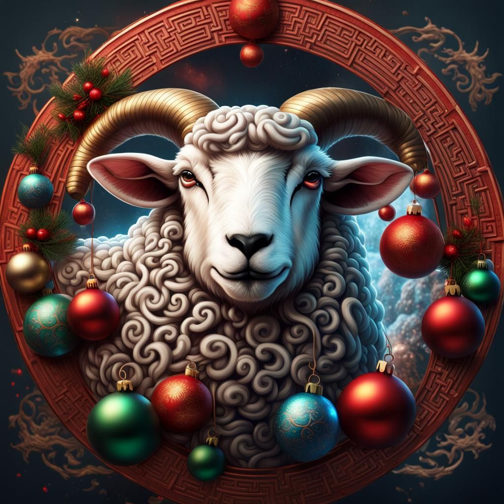 Chinese Sheep Tattoo with Christmas Ornaments
