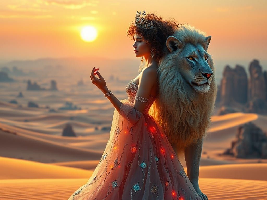 Ethereal Queen and Her Shimmering Lyon in Vibrant Prismatic....