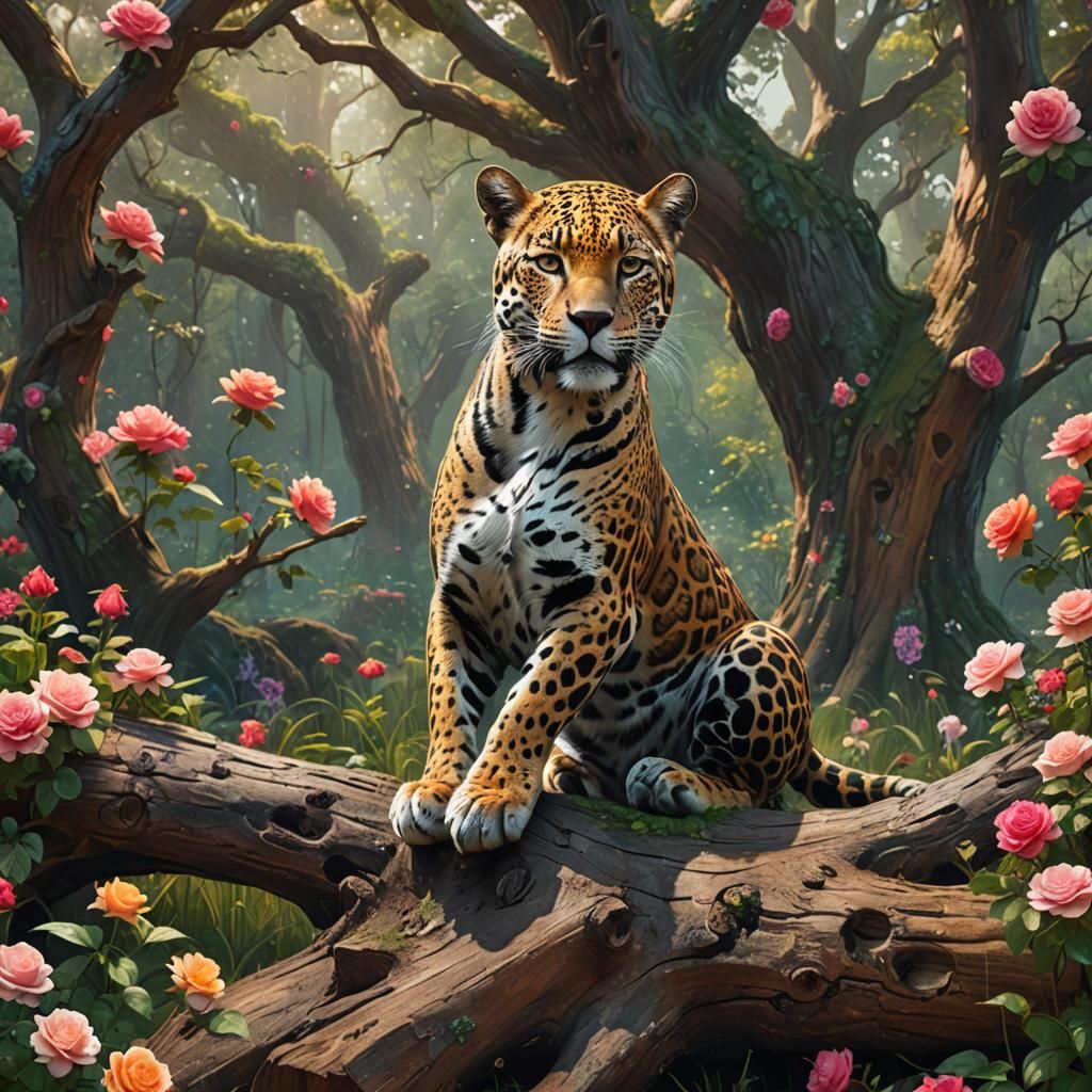 Jaguar in Floral Landscape: Fantasy Art Deco Style