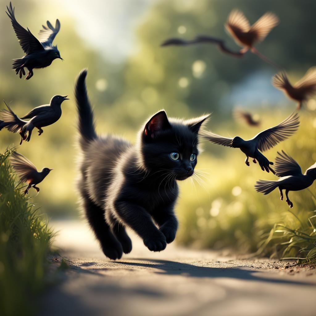 Black Kitten Chasing Birds: Hyperrealistic Masterpiece