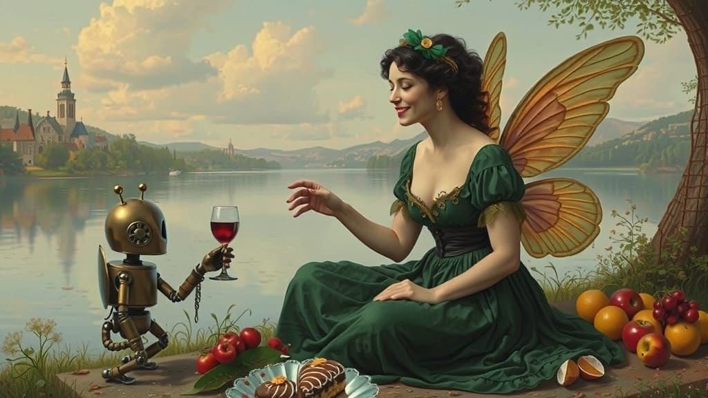 Victorian Fairy and Robot Picnic in Steampunk Style