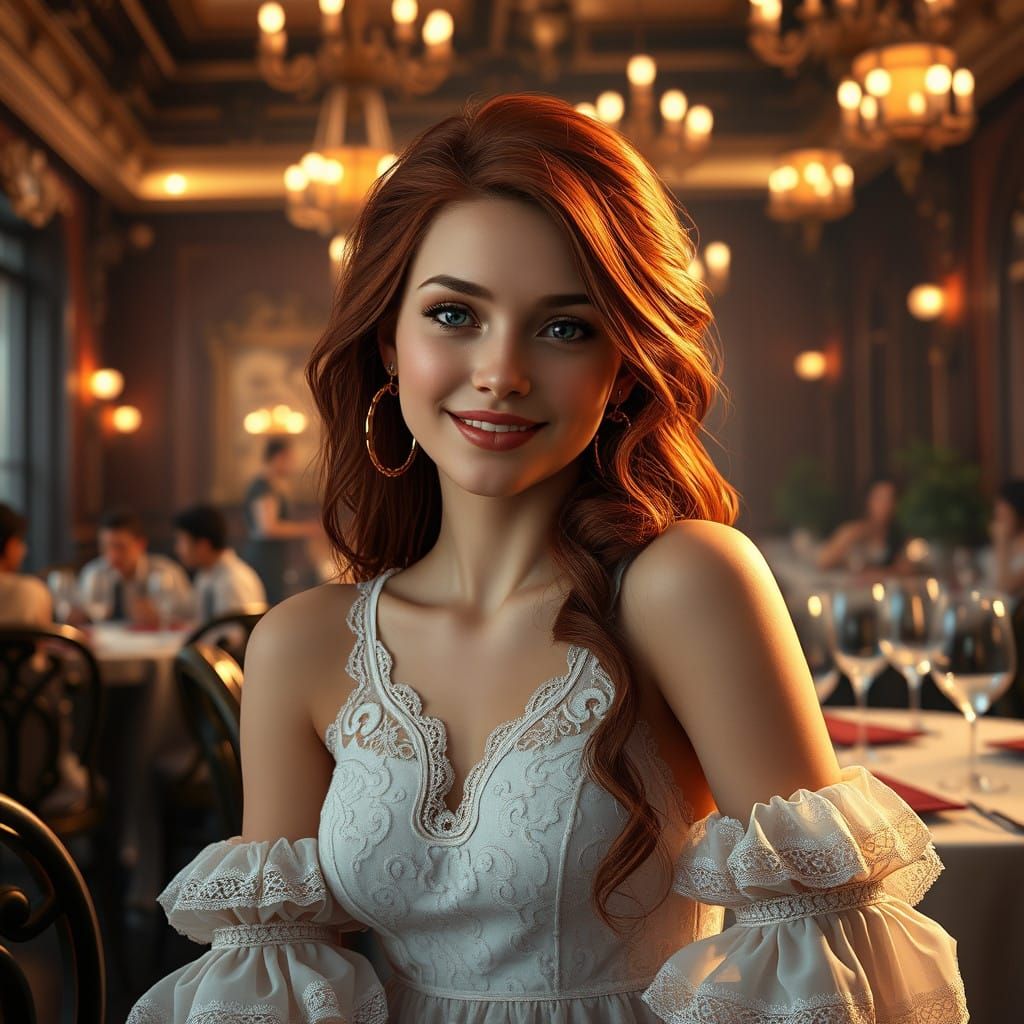 Elegant Young Woman in Lavish Restaurant Setting