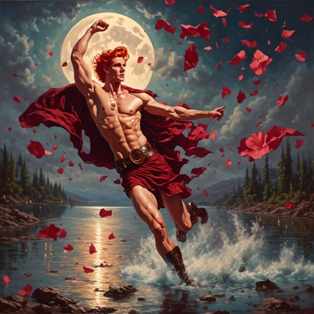 1950s Redhead Mage Soaring Over Lake at Night