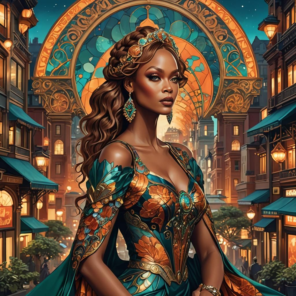 Tyra Banks in Art Nouveau Cityscape with Vibrant Makeup