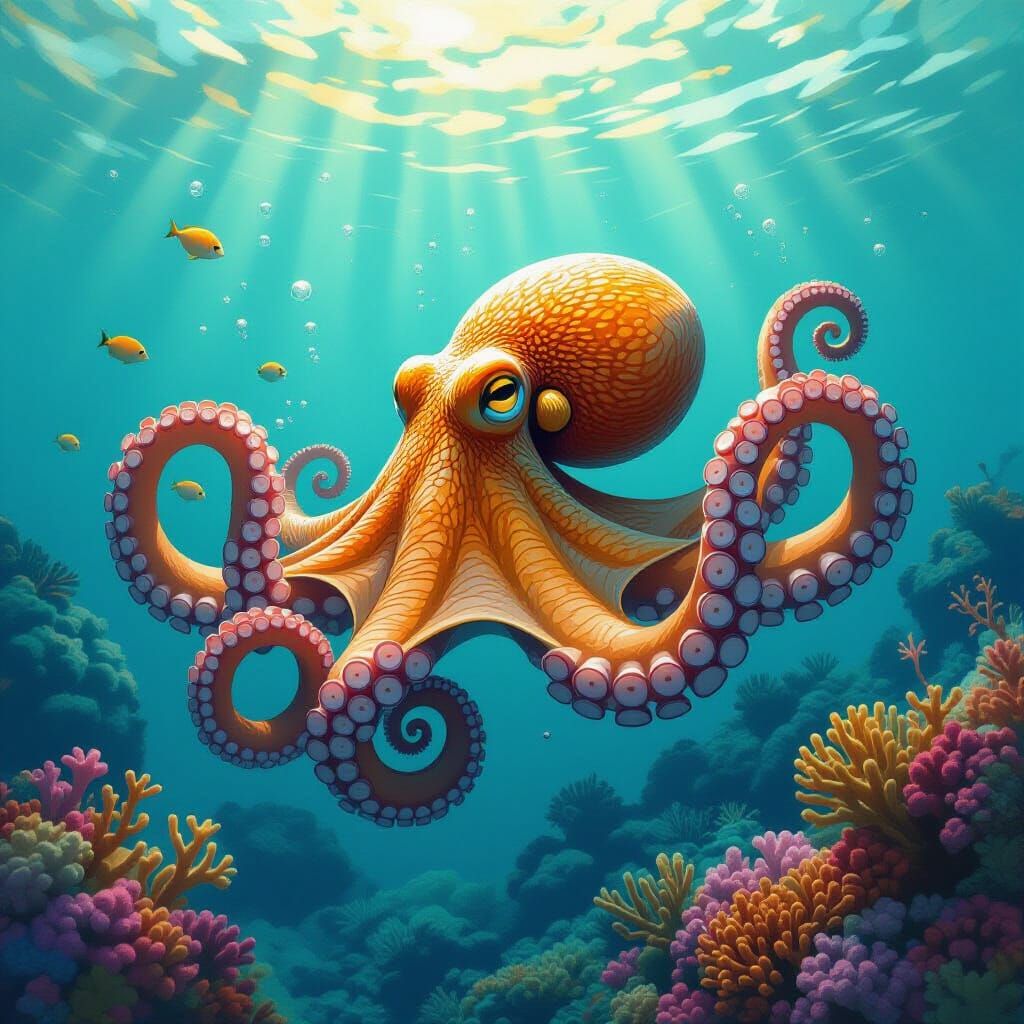 Octopus in Coral Reef, Detailed Fantasy Art