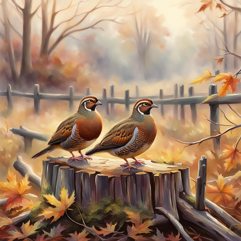 Valley Quails in Autumn Mist: Impressionist Digital Painting