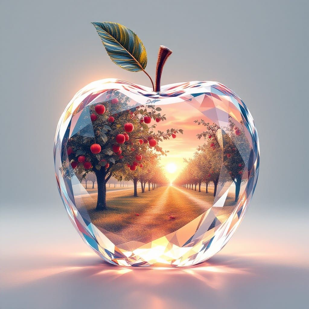 Crystal Apple Double Exposure in Surreal Landscape