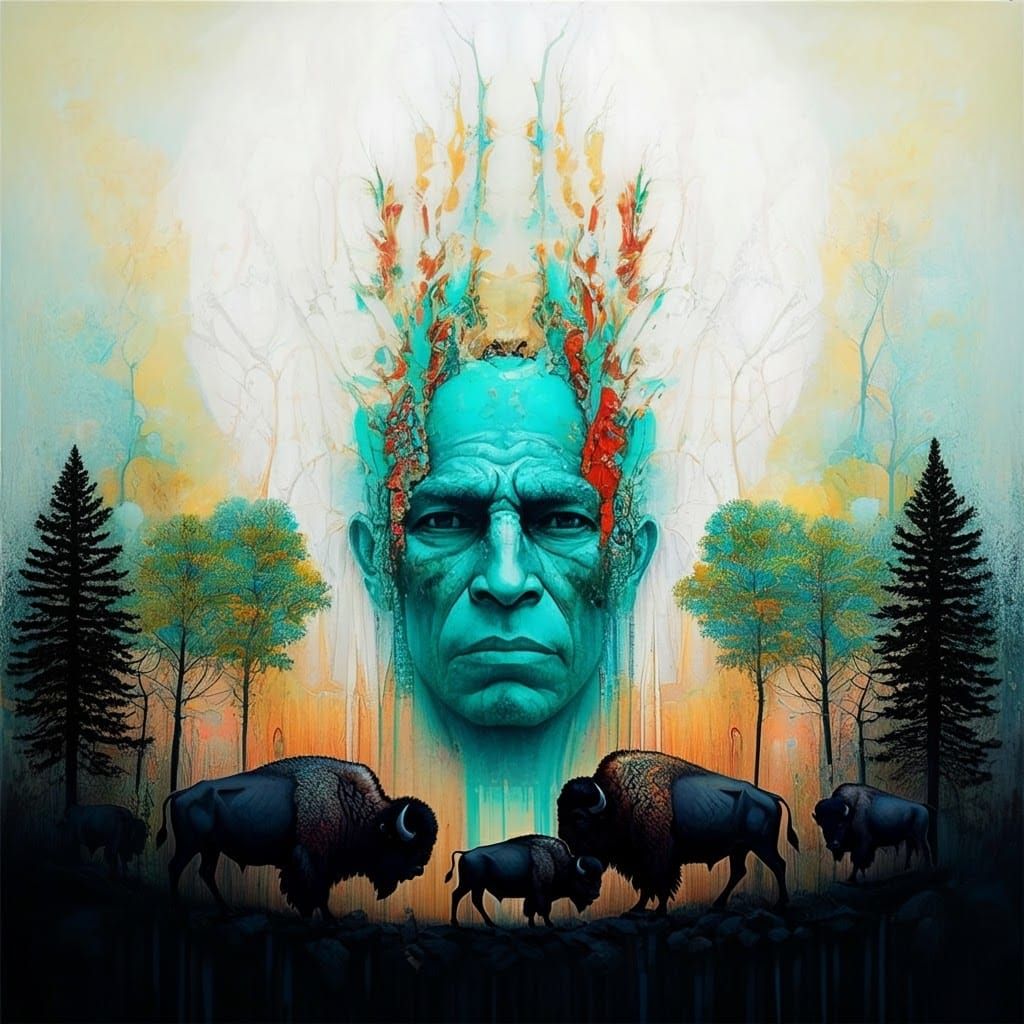 Abstract Painting with Vibrant Colors and Silhouettes