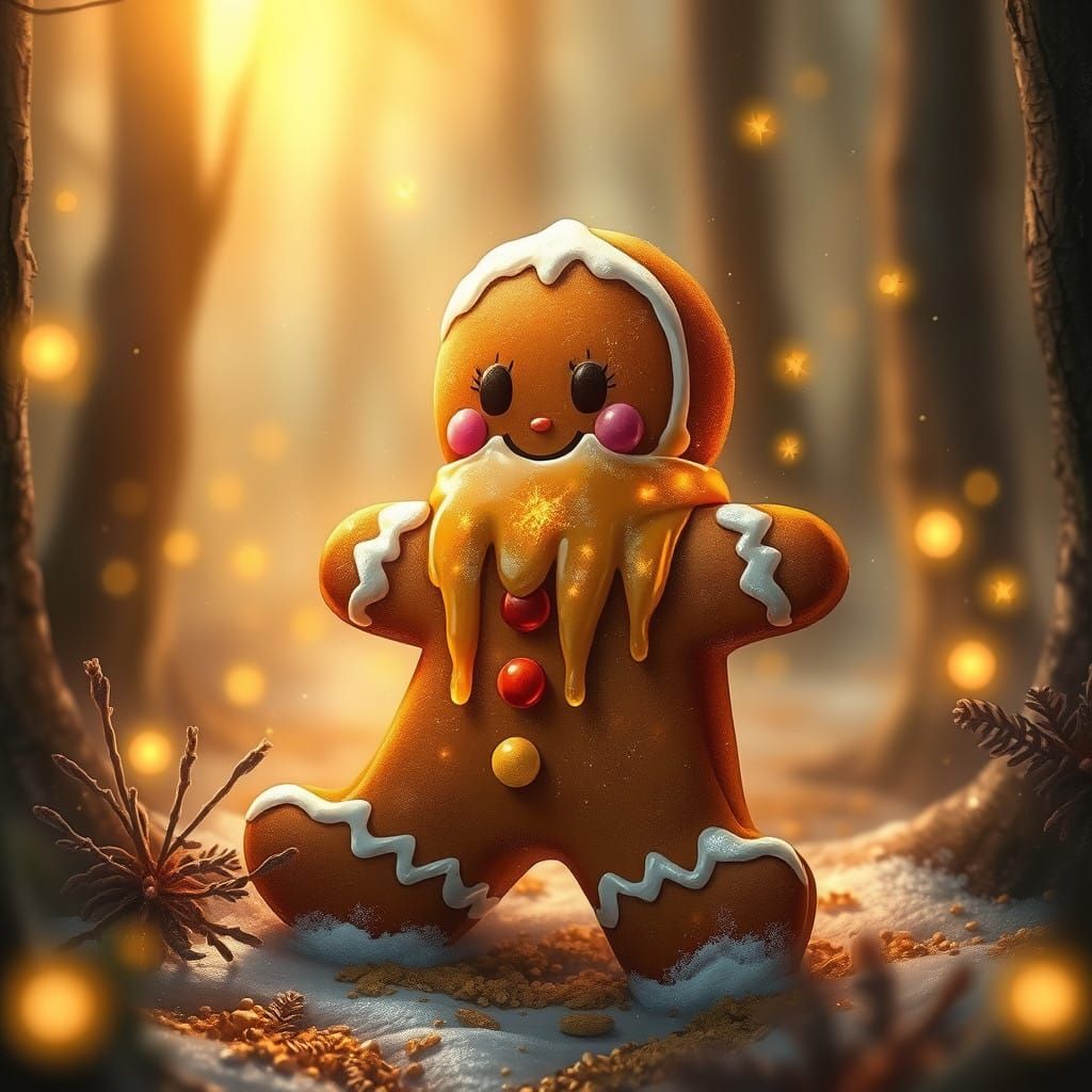 Warm Gingerbread Man in a Whimsical Enchanted Forest