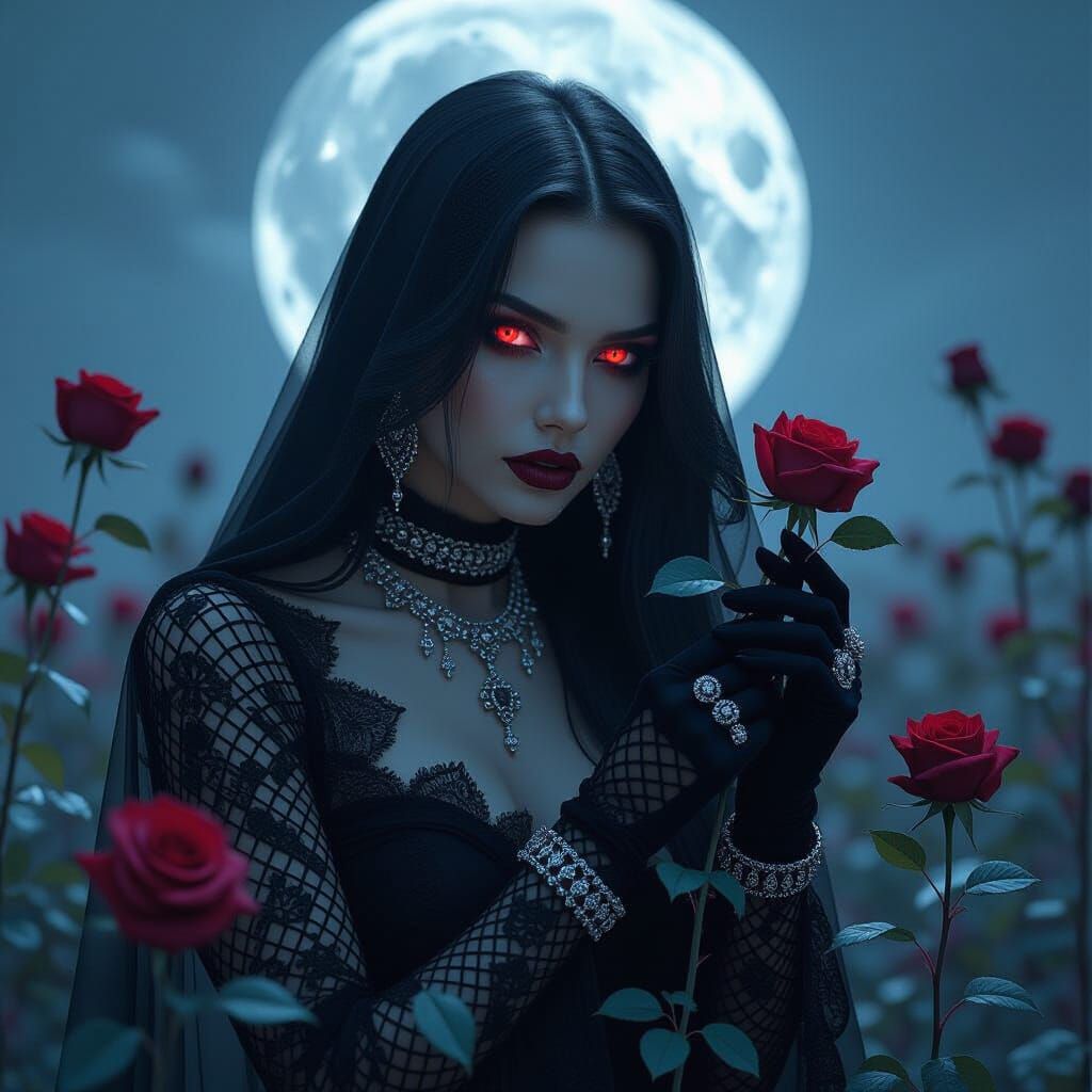 Gothic Woman in Rose Field, Surrealist Dark Fantasy