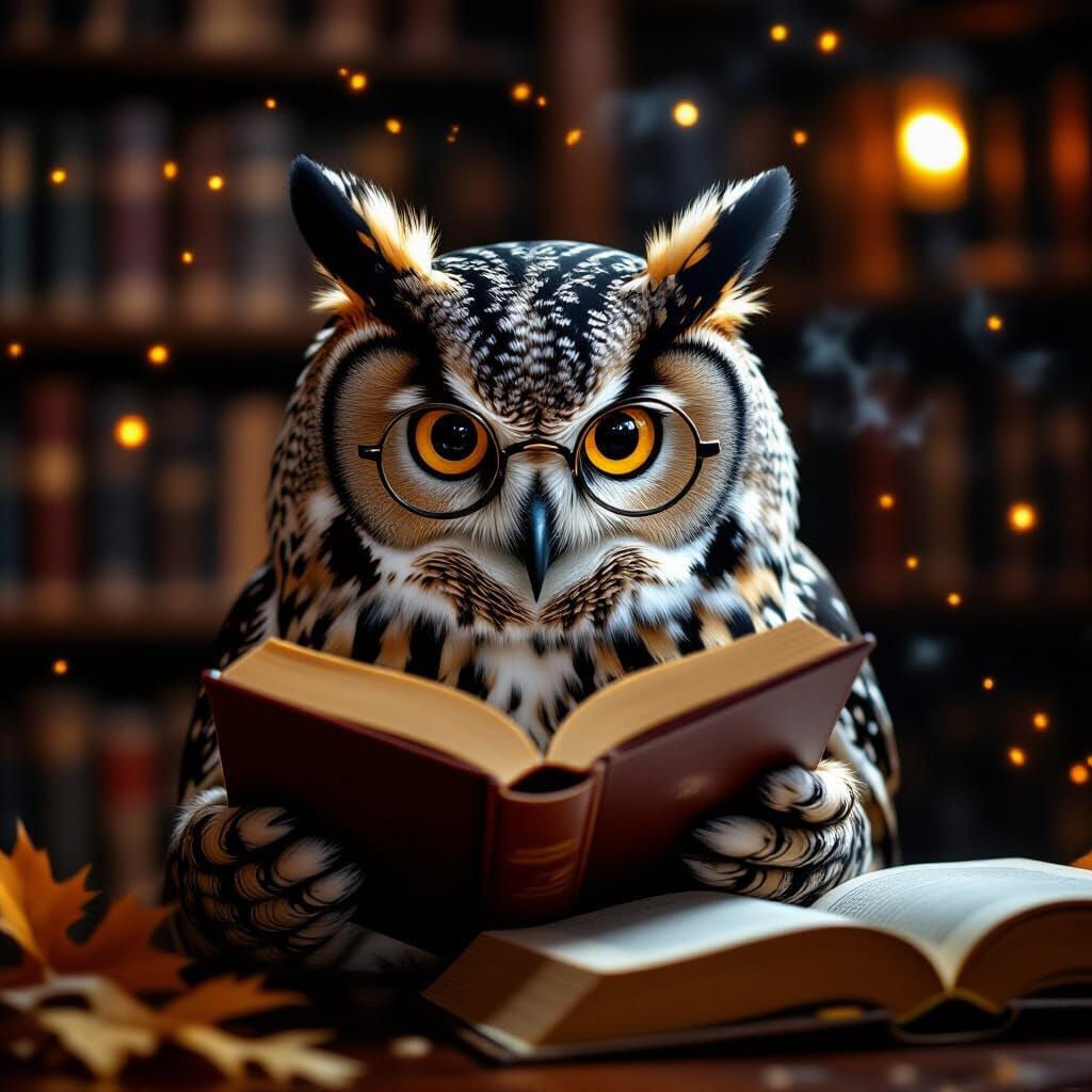 Magical Owl Reads Book in Cozy Autumn Library