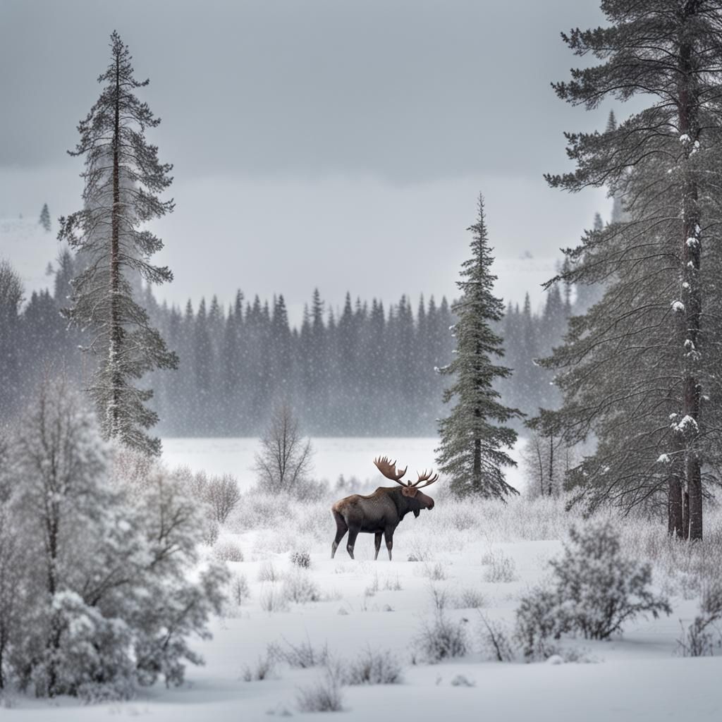 Nordic landscape, snow and blowing snow from gusts of wind, gray sky. A moose standing under the trees. 64 megapixels 8K...