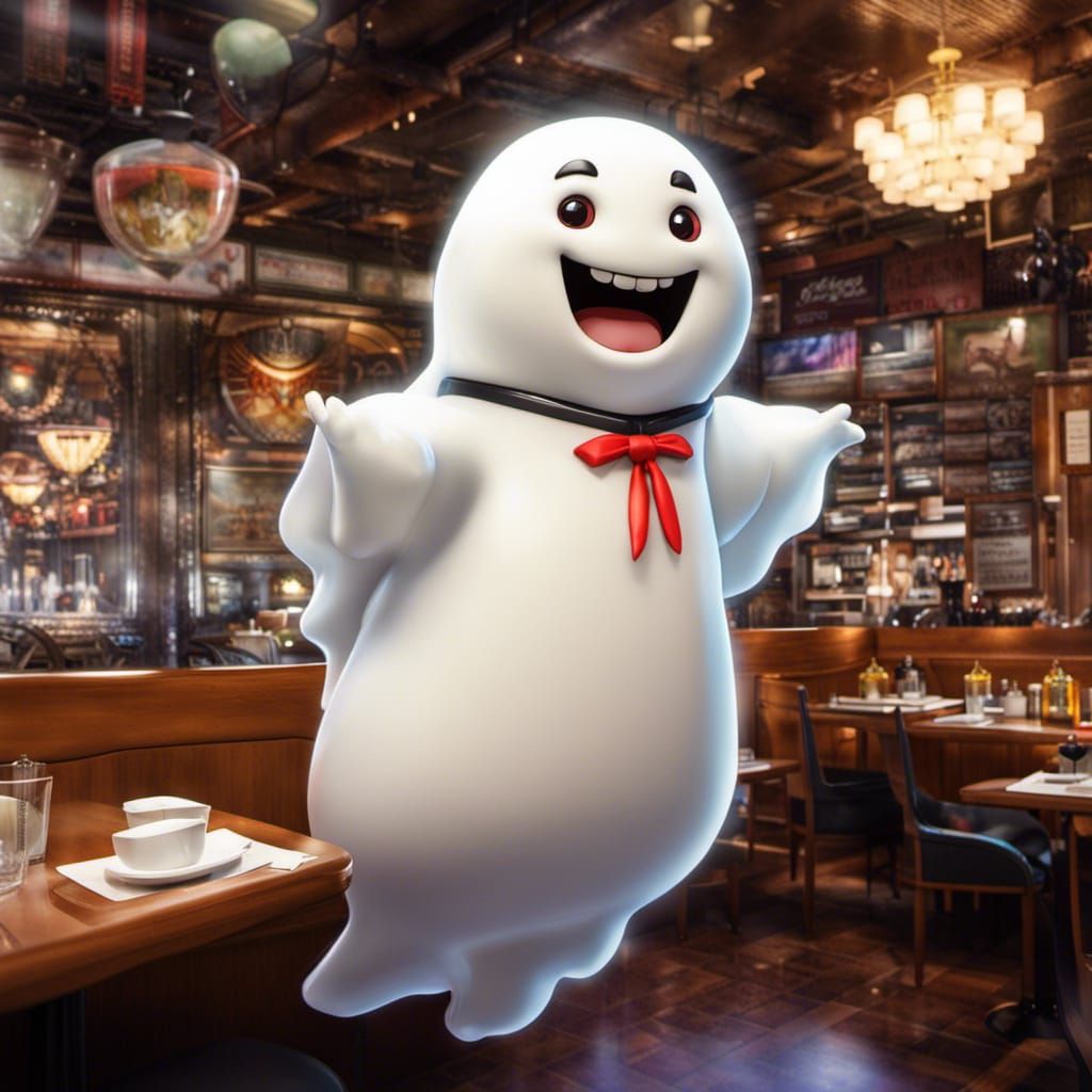 Cute Smiling Chiba Ghost in Restaurant, HDR