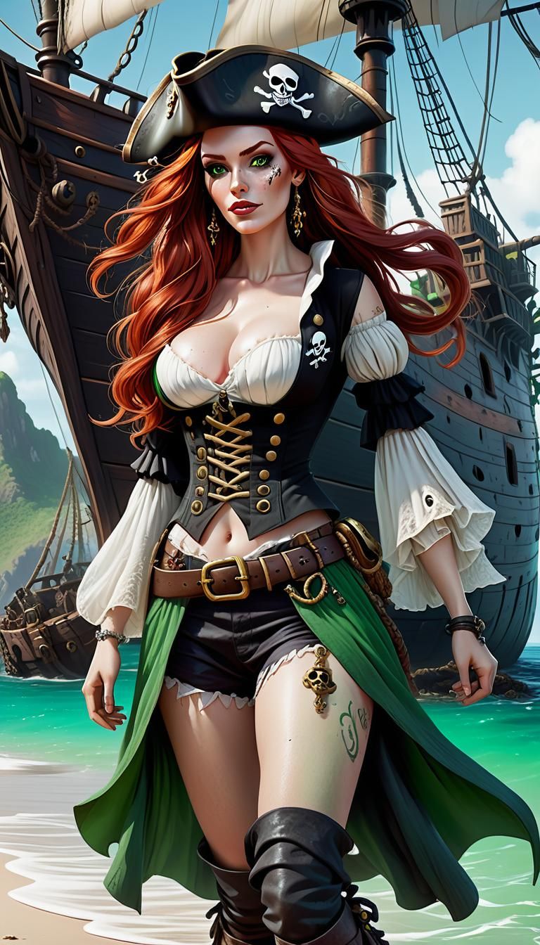 Redhead Pirate Girl with Tentacle Tattoos on Island Shore