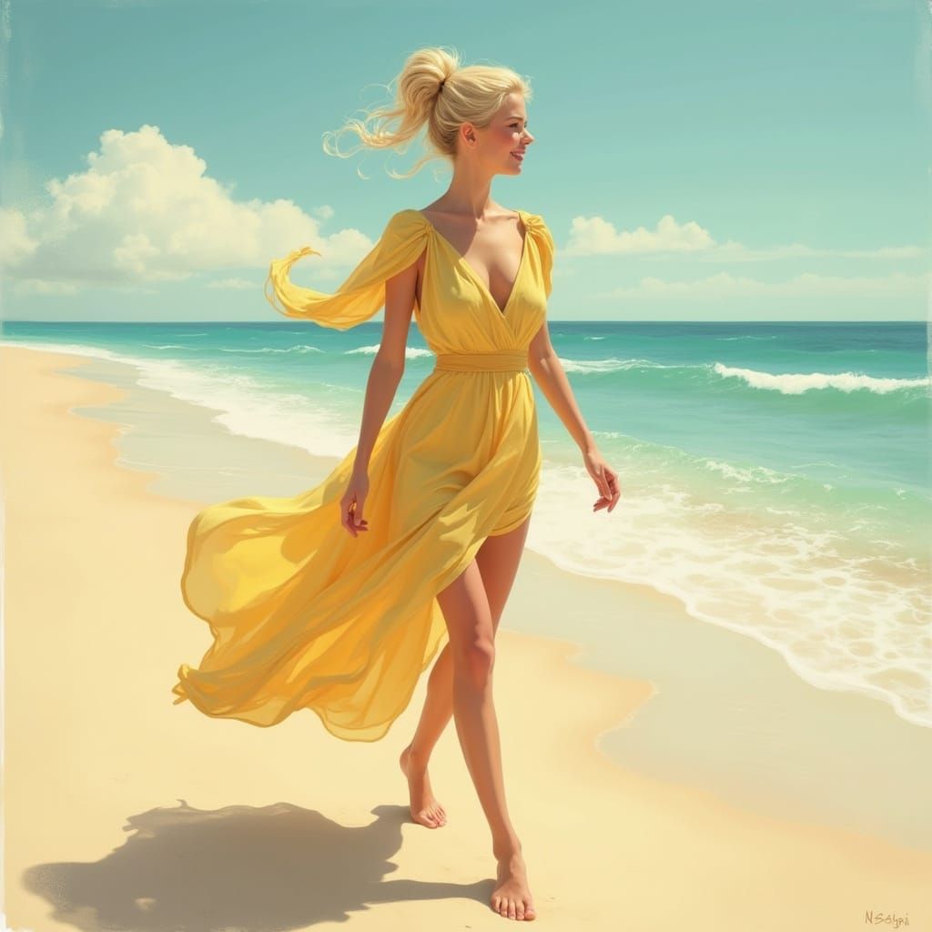 Rainbow Dress: European Woman on Beach in Hyperrealism