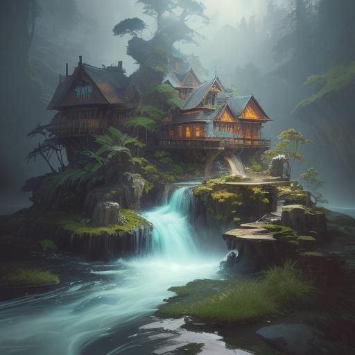 Miniature Waterfall in Giant Hands: Detailed Concept Art