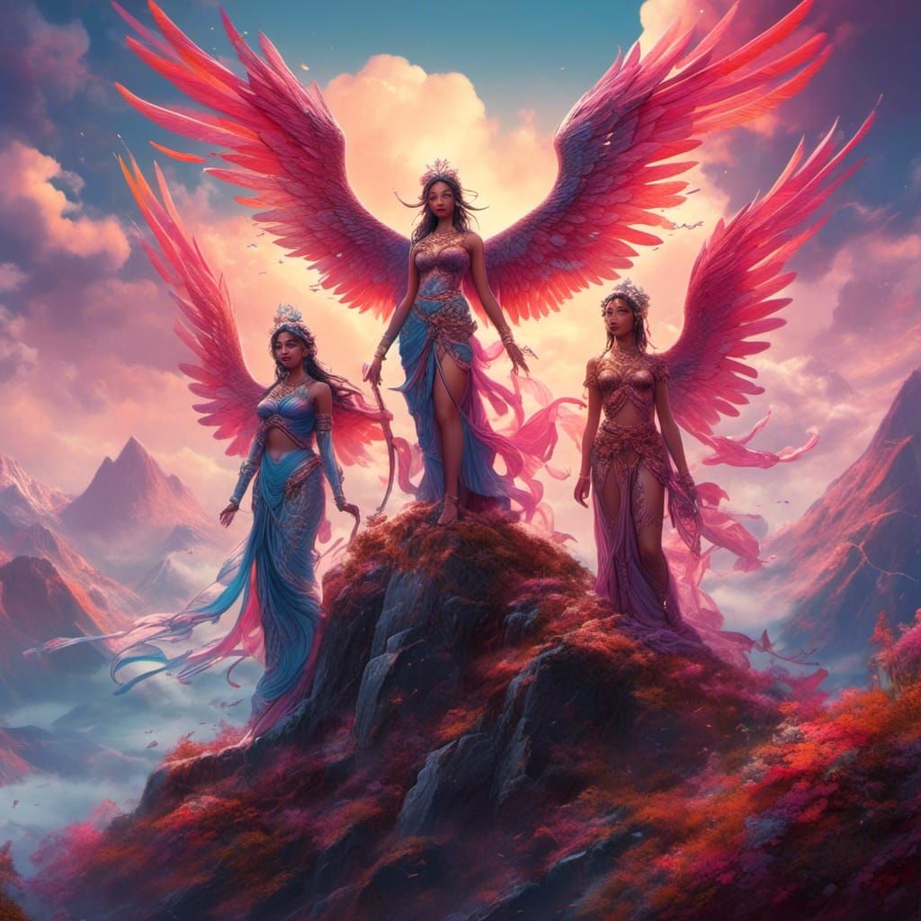 Angels on a Mountain in Hyperrealistic Splash Art