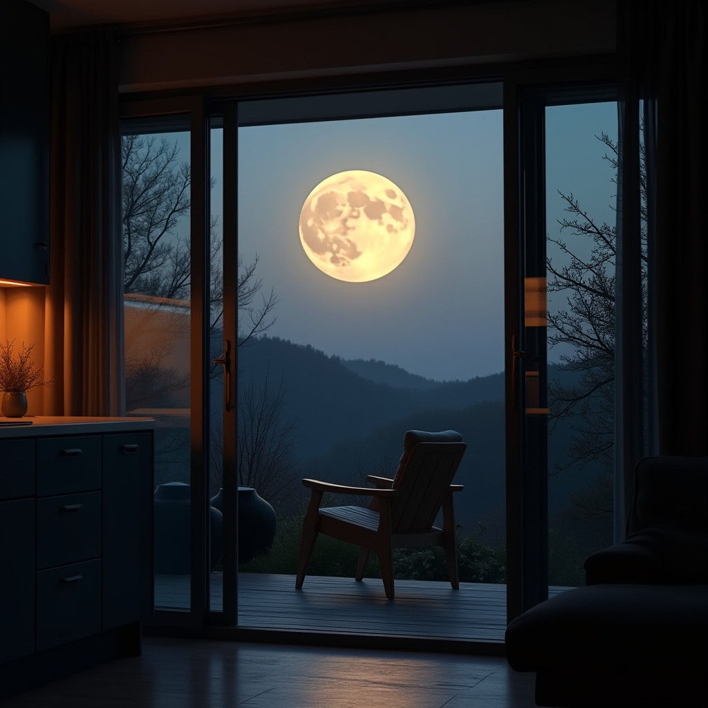 A view of the bright full moon at 7 am in the fall, seen fro...