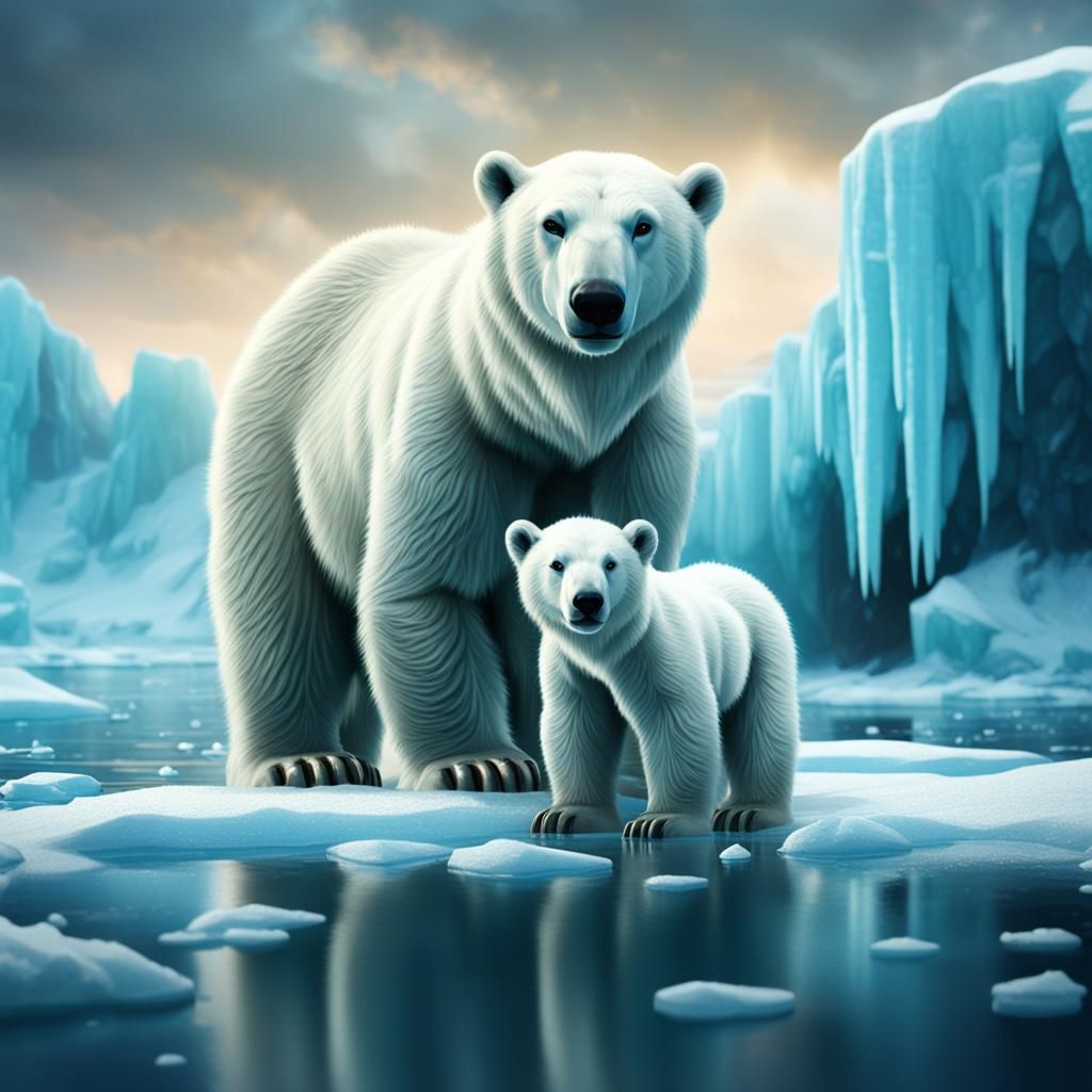 Polar Bear Mother and Cub on Ice