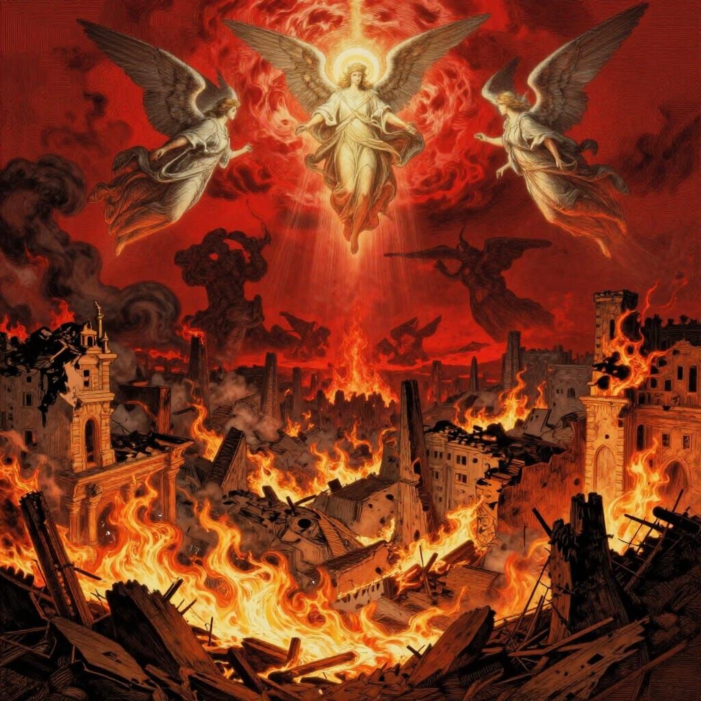 Apocalyptic Angelic Descent Amidst Fiery Landscapes
