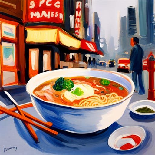 Ramen in Canada as Gouache Style Impressionist Painting