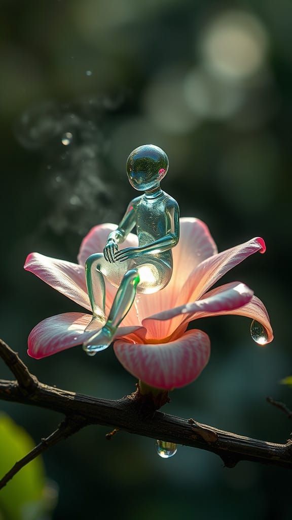 Surreal Bioluminescent Gelatinous Figure on Tree Branch in E...