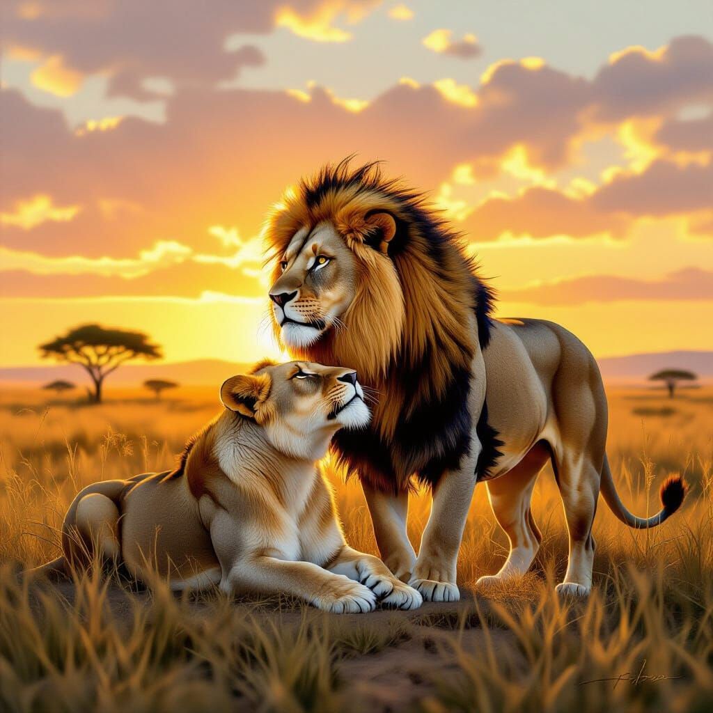 Majestic Lions Mating in Savanna Golden Hour