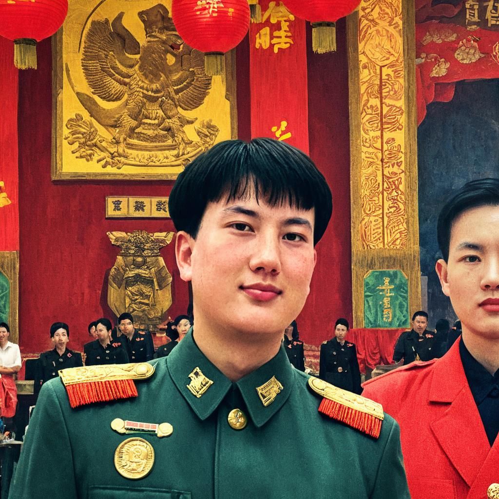 Patriotic Hero Standing Tall with Comrade Mao in Vibrant Soc...