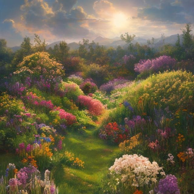 Maximalist Beach of Flowers in Hyperreal Style