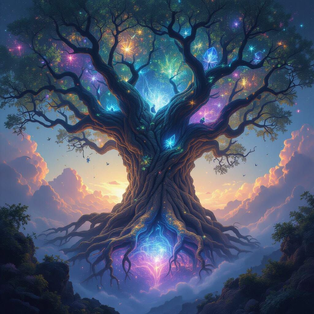 Cosmic Tree with Luminescent Flora and Spectral Creatures